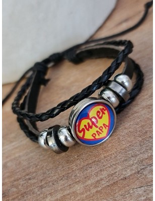 Bracelet "Super papa" noir avec plaque jaune