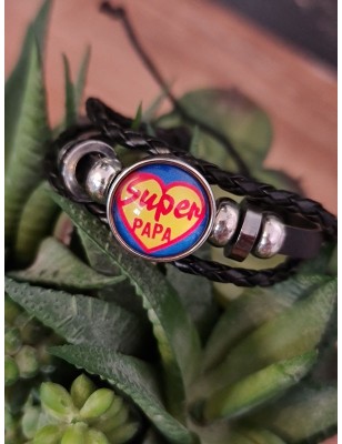 Bracelet "Super papa" noir avec plaque jaune