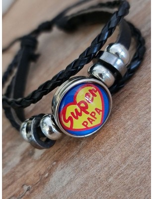 Bracelet "Super papa" noir avec plaque jaune