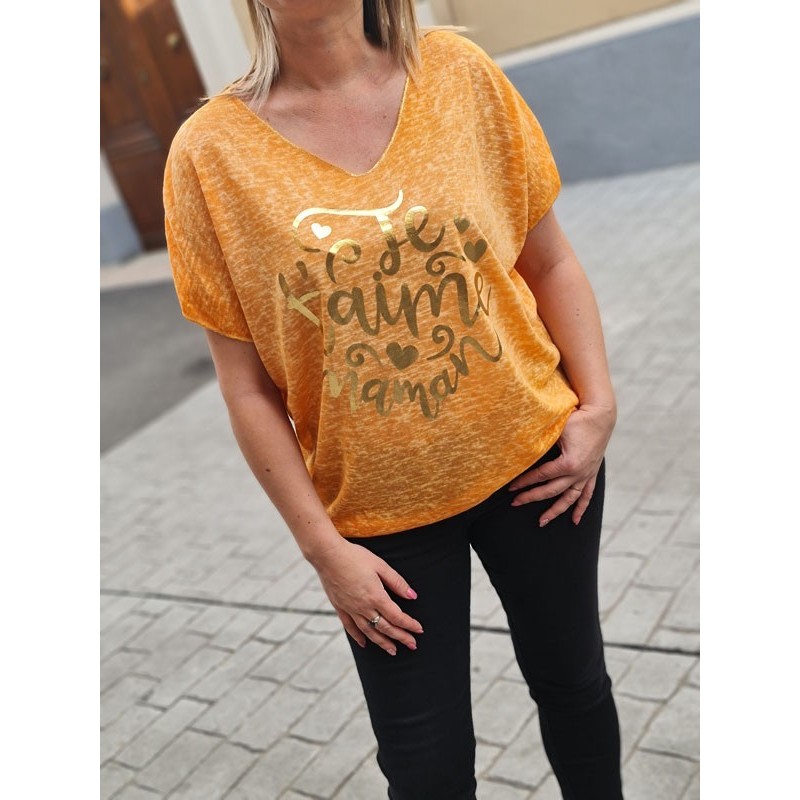 Tee-shirt ample manches courtes "Je t'aime maman" orange