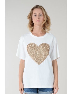 Tee-shirt manches courtes Molly Bracken Aria blanc avec cœur en sequins
