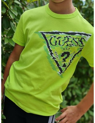 Tee-shirt manches courtes Guess Jessi vert fluo avec logo triangle Guess en zig zag