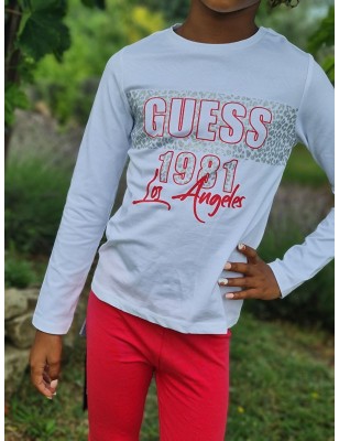 Tee-shirt manches longues Guess Yalla blanc avec motif léopard argenté pailleté