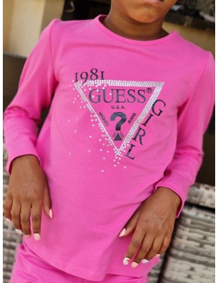Tee-shirt manches longues Guess Yuma rose avec logo triangle Guess pailleté