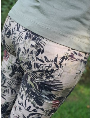 Pantalon place du jour Gael kaki avec motif feuillage