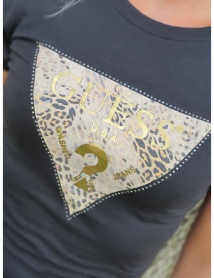 Tee-shirt Guess Lyona manches courtes noir avec logo motif léopard et clous