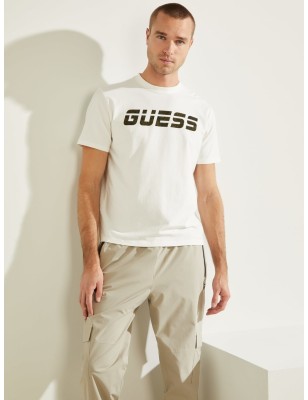 Tee-shirt manches courtes Guess Toni écru avec col rond et inscription Guess kaki