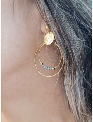 Boucles d'oreilles pendantes en acier inoxydable avec double anneau couleur or et perles grises