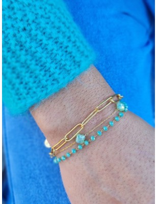 Bracelet Kitty à 3 rangées en acier inoxydable couleur or et turquoise, avec chainettes et perles