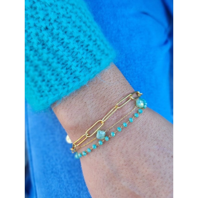 Bracelet Kitty à 3 rangées en acier inoxydable couleur or et turquoise, avec chainettes et perles