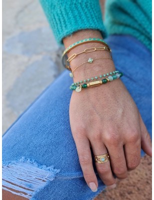 Bracelet élastique Vicky en acier inoxydable couleur or et vert avec perles et talisman
