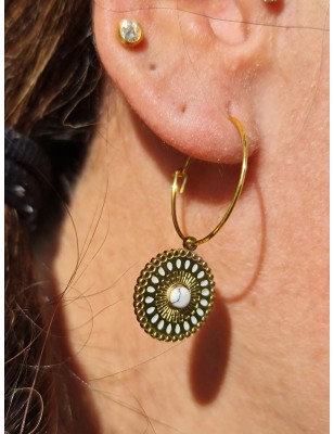 Boucles d'oreilles pendantes rondes Louise en acier inoxydable couleur or avec pierre marbrée