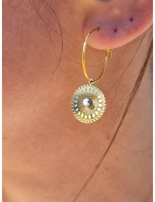 Boucles d'oreilles pendantes rondes Louise en acier inoxydable couleur or avec pierre marbrée