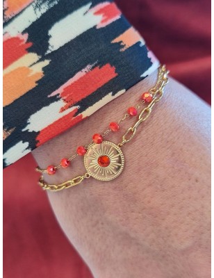 Bracelet Elodie à 2 rangées en acier inoxydable couleur or avec chainettes et perles orange