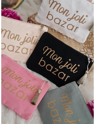 Pochette en gaze de coton "Mon joli bazar" avec pompon