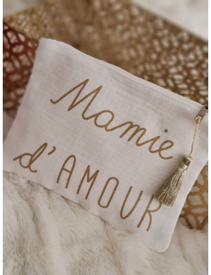 Pochette en gaze de coton "Mamie d'amour" avec pompon