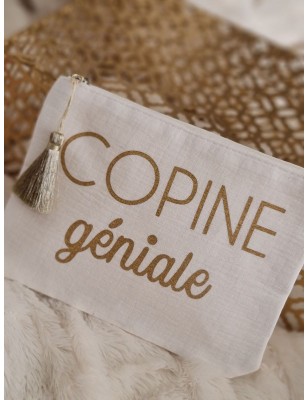 Pochette en gaze de coton "Copine géniale" avec pompon