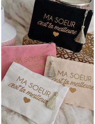 Pochette en gaze de coton "Ma sœur c'est la meilleure" avec pompon