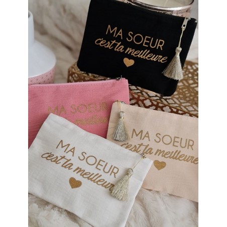 Pochette en gaze de coton "Ma sœur c'est la meilleure" avec pompon