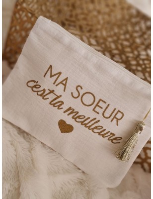 Pochette en gaze de coton "Ma sœur c'est la meilleure" avec pompon