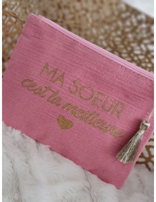 Pochette en gaze de coton "Ma sœur c'est la meilleure" avec pompon