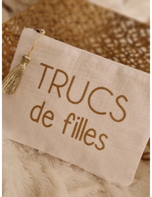 Pochette en gaze de coton "Trucs de filles" avec pompon