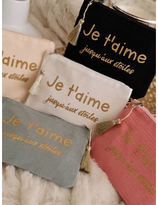 Pochette en gaze de coton "Je t'aime jusqu'aux étoiles" avec pompon