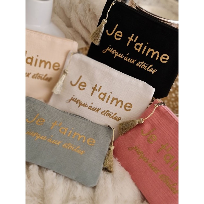 Pochette en gaze de coton "Je t'aime jusqu'aux étoiles" avec pompon