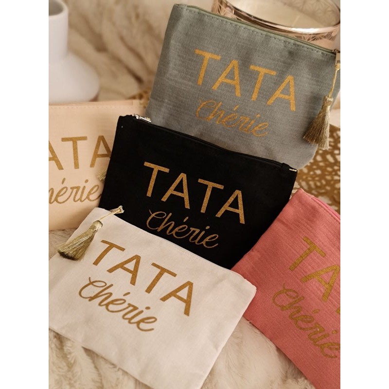 Pochette en gaze de coton "Tata chérie" avec pompon