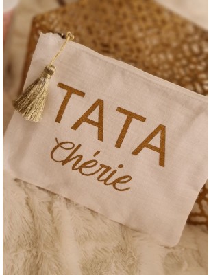Pochette en gaze de coton "Tata chérie" avec pompon