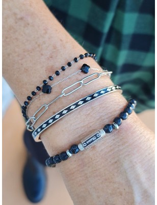 Bracelet élastique Vicky en acier inoxydable couleur argent et noir avec perles et talisman
