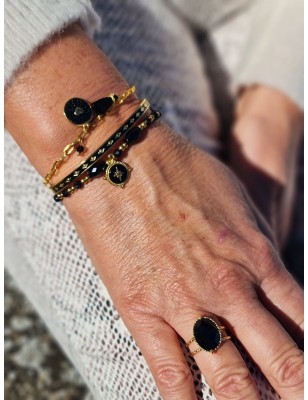 Bracelet élastique Carla en acier inoxydable couleur or et noire avec perles et pendentif