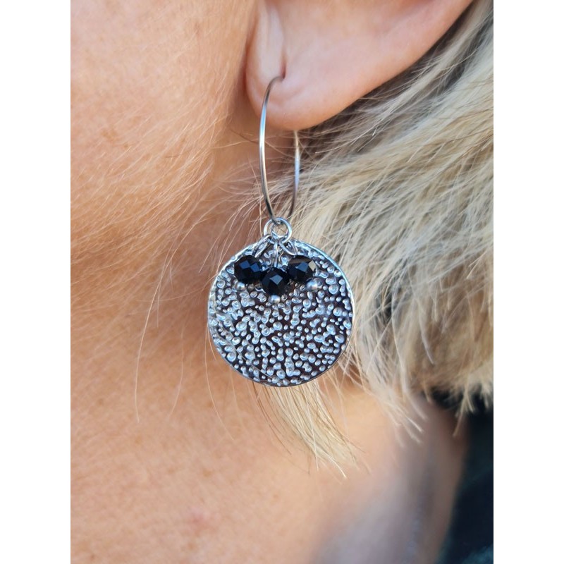 Boucles d'oreilles pendantes rondes Evi en acier inoxydable couleur argent avec perles noires