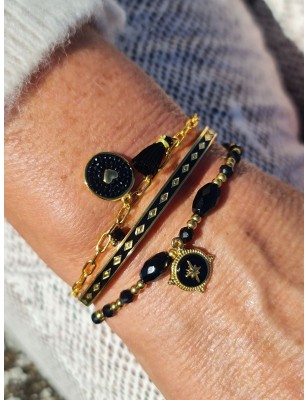 Bracelet chainette Joya en acier inoxydable couleur or et noir avec pompon et strass