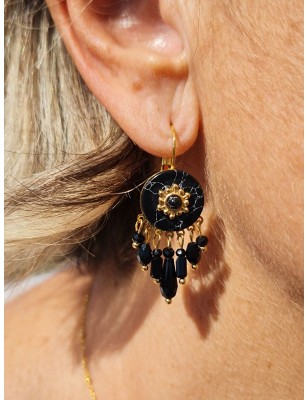 Boucles d'oreilles pendantes Gloria en acier inoxydable couleur et noires avec perles