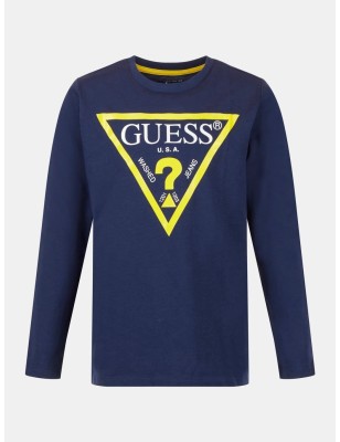Tee-shirt manches longues Guess Tim bleu avec triangle Guess