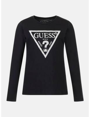 Tee-shirt manches longues Guess Inaya noir avec logo triangle Guess argenté pailleté