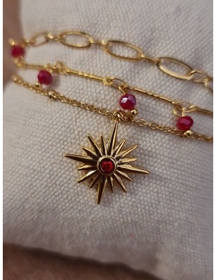 Bracelet Nina à 3 rangées en acier inoxydable couleur or et rouge, avec chainettes et perles