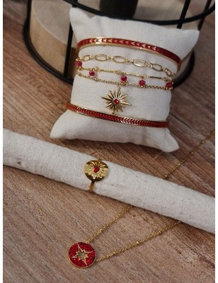 Bracelet Nina à 3 rangées en acier inoxydable couleur or et rouge, avec chainettes et perles