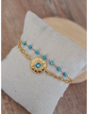 Bracelet Elodie à 2 rangées en acier inoxydable couleur or avec chainettes et perles turquoises