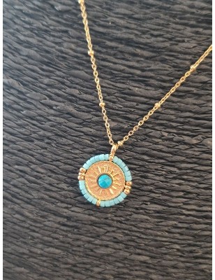 Collier chainette Jinane couleur or en acier inoxydable avec pendentif rond et pierre turquoise