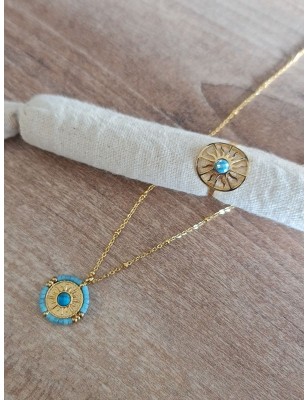 Collier chainette Jinane couleur or en acier inoxydable avec pendentif rond et pierre turquoise