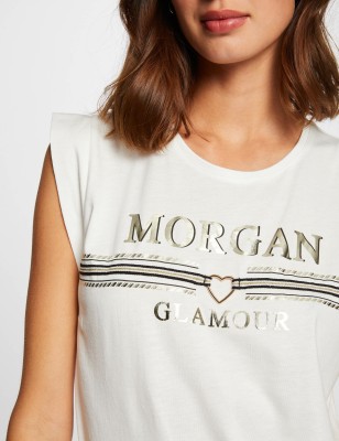 Tee-shirt manches courtes Morgan Dcou écru avec inscriptions argentées