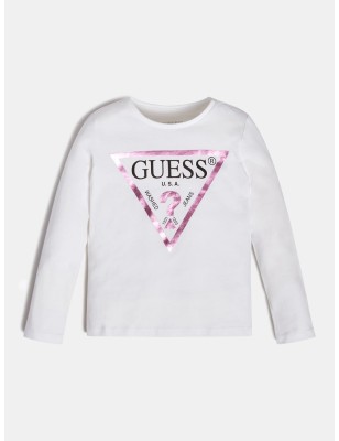 Tee-shirt manches longues Guess Yna blanc avec logo triangle Guess rose brillant