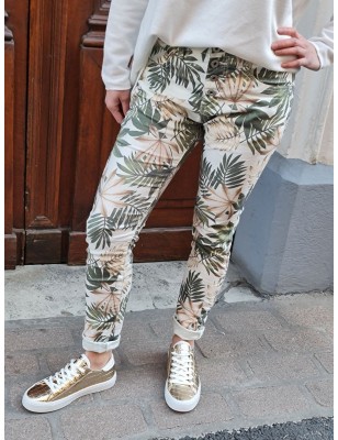 Pantalon Pepita blanc et kaki avec imprimé feuilles