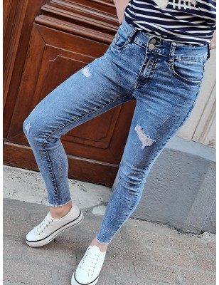 Jeans slim Teresa bleu avec effet usé et déchiré
