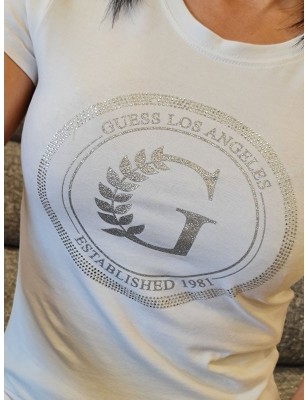 Tee-shirt Guess Cresti blanc manches courtes avec strass et inscription argentée pailletée