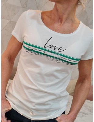 Tee-shirt manches courtes Morgan Dlo blanc avec bandes vertes et strass