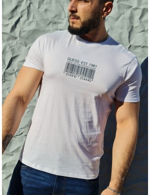 Tee-shirt manches courtes Guess Eliott blanc avec dessin code barre et col rond