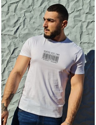 Tee-shirt manches courtes Guess Eliott blanc avec dessin code barre et col rond